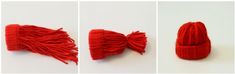 three pictures of red knitted hats and one with a bow on the top,