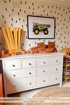 Add a pop of personality to your little one's space with this charming sage green dump truck artwork! Perfect for a boy's bedroom, this vibrant piece adds a playful touch to any room design. Explore more boy room design ideas and inspire creativity! Truck Toddler Room, Tractor Bedroom Ideas Little Boys, Construction Boys Room, Boys Truck Bedroom, Boys Construction Room, Boy Bedroom Art, Tractor Bedroom, Big Boy Room Decor, Green Boys Room