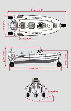 an image of a boat with measurements for the front and back end, side by side