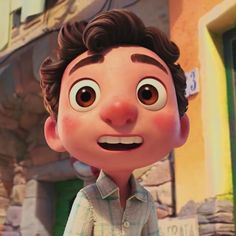 an animated character is standing in front of a building and looking at the camera man