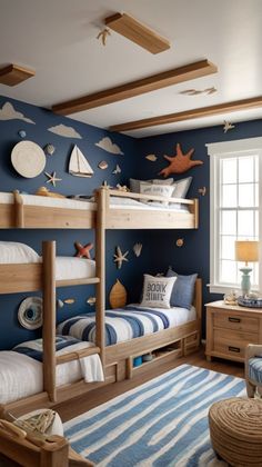 a bedroom with two bunk beds and blue walls