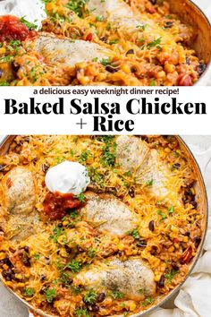 baked salsa chicken and rice in a skillet