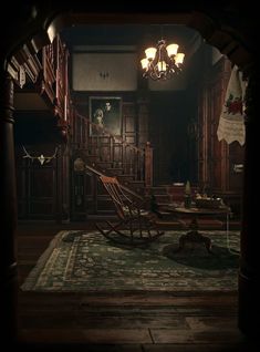 a living room filled with furniture and a chandelier hanging from the ceiling next to a stair case