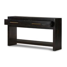 a black console table with two drawers on one side and an open drawer at the top