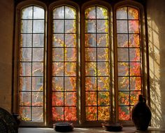 the sun shines through three windows in an old building with autumn foliage on them