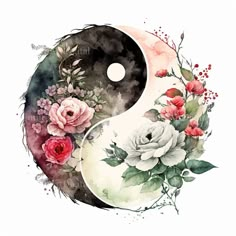 a watercolor painting with flowers and a yin - yang sign in the middle, on a white background