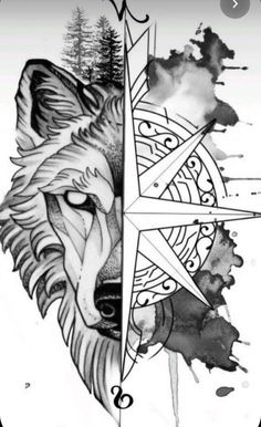 a wolf with a compass tattoo on it's face