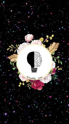 a black background with white flowers and a light bulb on it's side, surrounded by stars