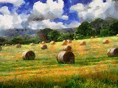 a painting of hay bales in a field with blue sky and clouds behind them