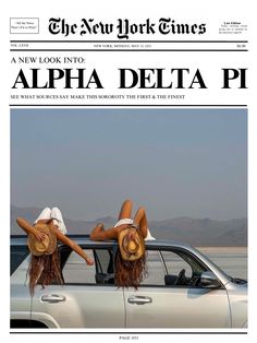 the new york times front page with two women in hats on top of a car