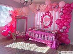 a pink and white party with balloons, streamers, table cloths and decorations