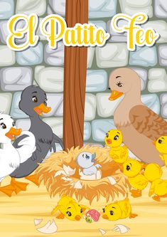 a group of ducks and ducklings in front of a stone wall with the words el pato te