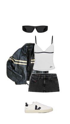 Future Concert Outfit Ideas, Hot Casual Outfits, Fashion Magazine Aesthetic, Skirt Sneakers, Black Mini Skirt Outfit, Black And White Outfit, Leather Skirt Outfit