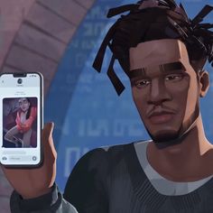 a man holding up a cell phone in front of his face and an avatar on the screen