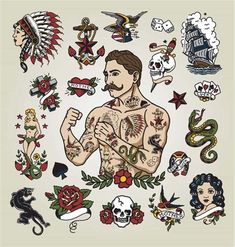 a man with many tattoos on his chest and arms is surrounded by other tattoo symbols