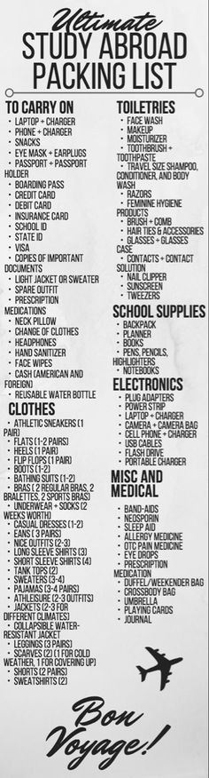 a black and white poster with the words study abroad packing list on it's side