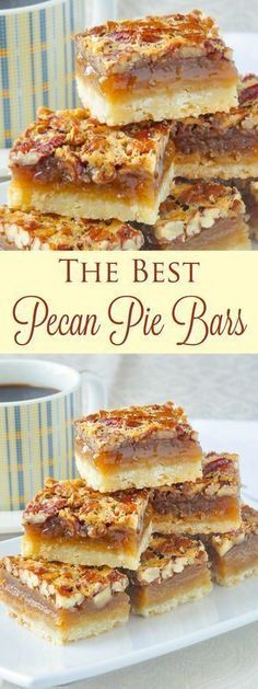 the best pecan pie bars are stacked on top of each other and ready to be eaten