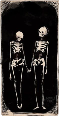 two skeletons standing next to each other in front of a black background with white writing on it