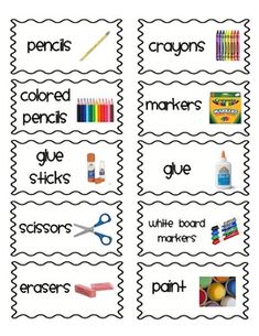 two stamps with words and pictures on them that say colors, crayons, glue sticks, glue scissors