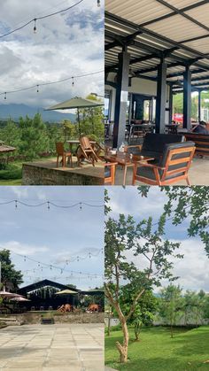 there are four different pictures of chairs and tables in the same photo, each with an umbrella over them