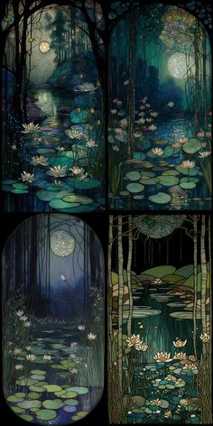 four different views of water lilies in the woods at night and on the moon