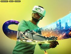 a man wearing a virtual reality headset and holding a skateboard in front of his face