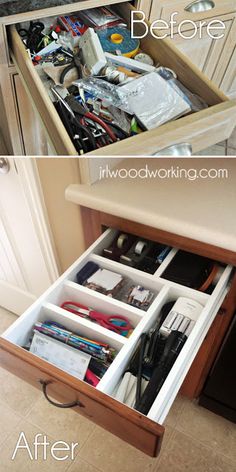 an open drawer in a kitchen with the bottom drawers opened to reveal various items inside