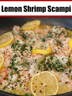 lemon shrimp scampi in a skillet with herbs and lemons on the side