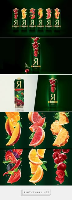 an advertisement with various fruits and vegetables on the front, side and back sides in different colors