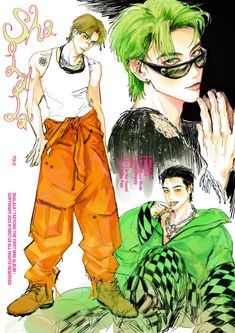 two anime characters one with green hair and the other wearing orange pants