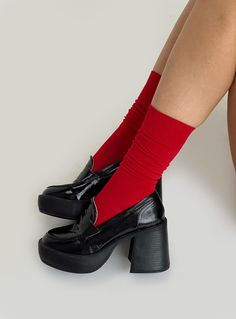 Socks Crew style, ribbed material Good stretch 100% cotton OSFM Heels And Socks, Mismatched Socks, Cute Professional Outfits, Red Stockings, Socks And Heels, Buy Now Pay Later, Professional Outfits, Good Stretches, Red Sox