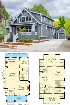 two story house plans with garage and living room on the first floor are shown in this image