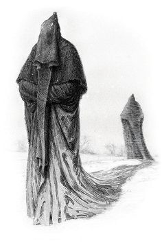 a black and white drawing of a woman in a long dress walking through the snow