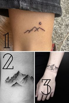 four different tattoos with mountains and numbers on them