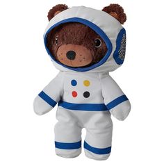 a teddy bear dressed in an astronaut suit with polka dots on it's chest