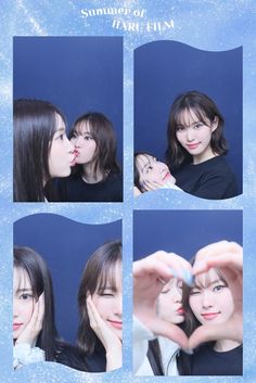 four pictures of two women making heart shapes with their hands and the words summer of love written on them