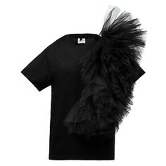 This black t-shirt is crafted from soft jersey fabric, offering a comfortable and relaxed fit. It features a classic crew neck and short sleeves, making it a versatile addition to any wardrobe. The standout feature of this design is the cascading ruffle detailing that flows gracefully from the shoulders, adding a dynamic element to the classic silhouette. This ruffled application creates movement and texture, elevating the overall look. The straight hem provides a polished finish, making this t- Tulle Ruffles, Applique Tee, Cuff Watch, Gifts For New Mums, Feminine Aesthetic, Classic Silhouette, Independent Designers Fashion, Jacket Sale, Gifts For New Moms