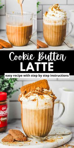 three pictures showing the steps to make a cookie butter latte in two mugs