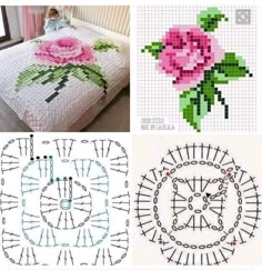 cross stitch patterns and pictures of pink roses on a white bed sheet with the word love written in cursive letters