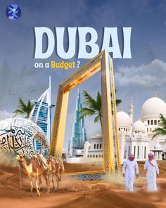 two men are walking in front of a frame with the words dubai on it and an image of a camel