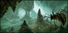 an image of a fantasy scene with spider webs on the ground and trees in the background