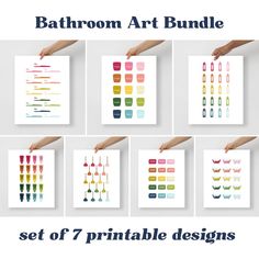 the bathroom art bundle includes six printable designs, each with different colors and sizes