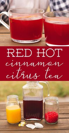 red hot cinnamon citrus tea with raspberries and lemons on the side, in front of two glass mugs