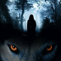 a woman standing in front of a wolf with orange eyes