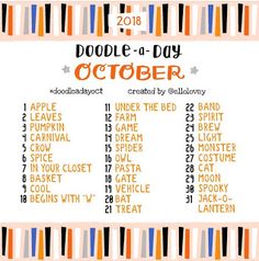 the doodle - a - day october calendar is shown in orange, black and white