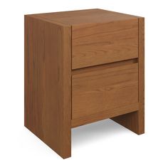 a wooden nightstand with two drawers on one side and an open drawer on the other