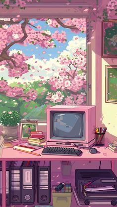 an old computer sitting on top of a pink desk in front of a cherry blossom tree