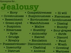 a green poster with words that say, jellousy and other things in it