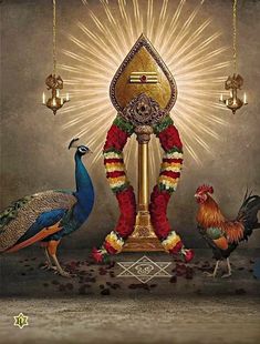 a painting of peacocks standing around a golden pedestal with a light shining on it