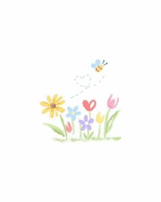 a drawing of flowers and a bee flying over them